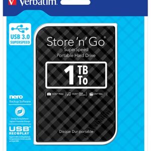 Verbatim 1TB 2.5' USB 3.0 Black Store'n'Go HDD Grid Design, Ultra Portable, High Speed & Capacity. Backup and Store + Nero Backup Software